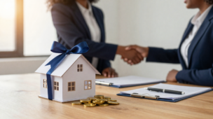 Maquete de casa com documentos e acordo financeiro, simbolizando o processo legal e seguro para vender imóvel de herança em Guarulhos.
