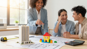 Maquete de prédio, blocos de família e clientes felizes recebendo chaves, simbolizando a aprovação no programa Minha Casa Minha Vida em Guarulhos.