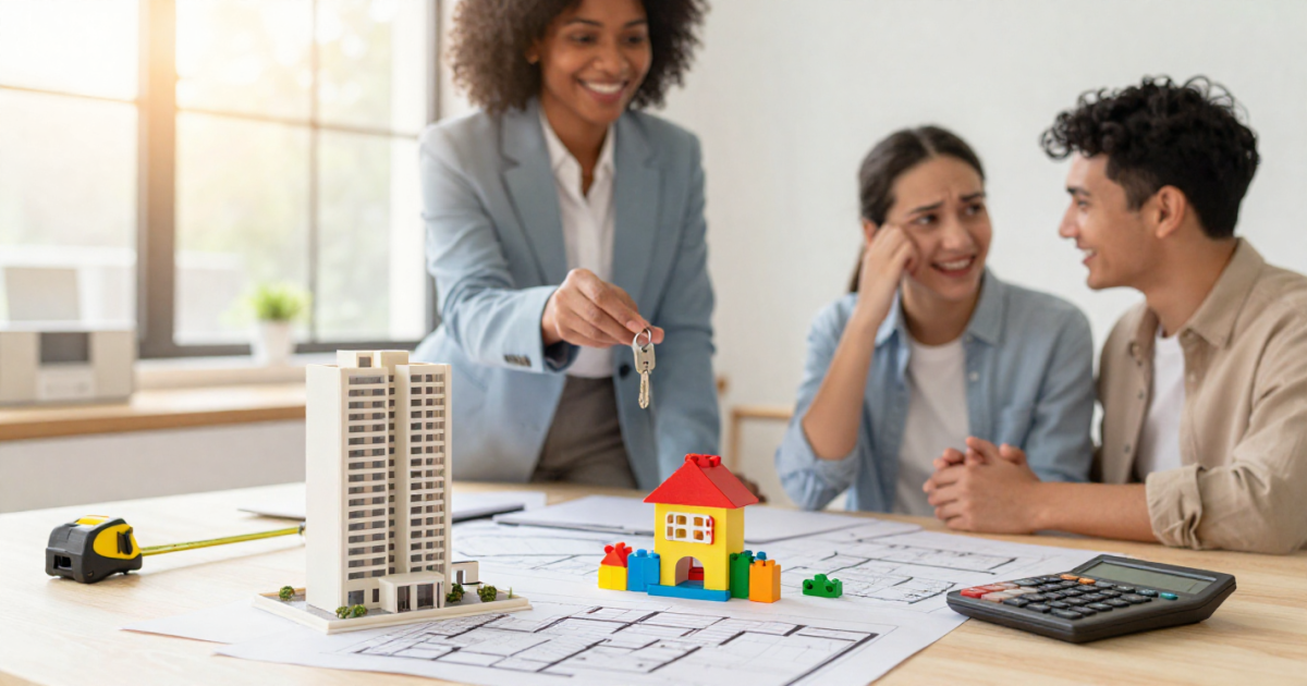 Maquete de prédio, blocos de família e clientes felizes recebendo chaves, simbolizando a aprovação no programa Minha Casa Minha Vida em Guarulhos.