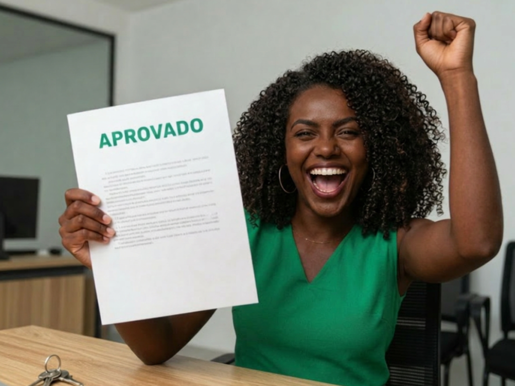 Gláucia Franco a celebrar com muito entusiasmo e a segurar um documento de financiamento imobiliário aprovado no seu escritório em Guarulhos.