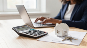 Calculadora financeira, chaves e contrato aprovado, representando a assessoria para financiamento de imóveis em Guarulhos com as melhores taxas bancárias.