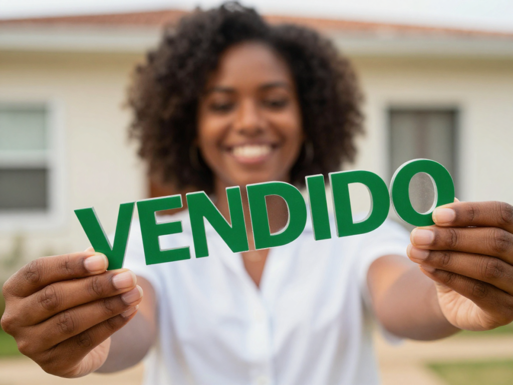 Gláucia Franco a segurar placa de imóvel vendido, celebrando o sucesso da venda de uma propriedade de herança em Guarulhos.