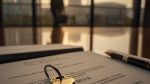 Chave dourada e contratos sobre a mesa de escritório representando a consultoria para regularizar imóvel sem escritura em Guarulhos.
