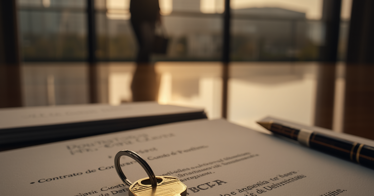 Chave dourada e contratos sobre a mesa de escritório representando a consultoria para regularizar imóvel sem escritura em Guarulhos.